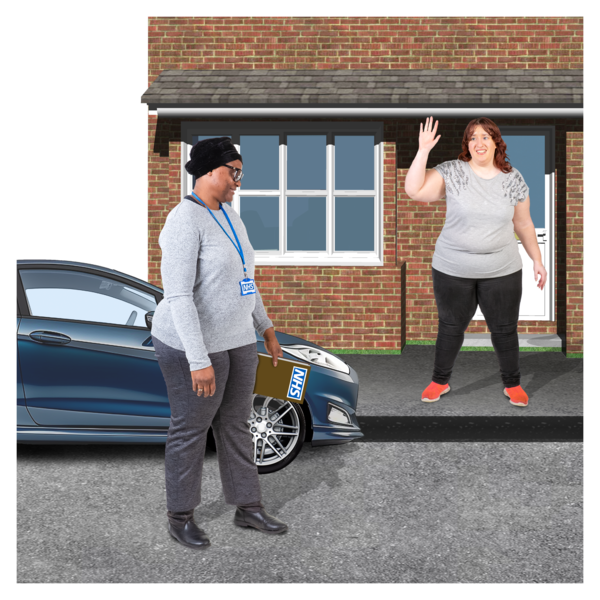 A woman outside her home waving at her support worker