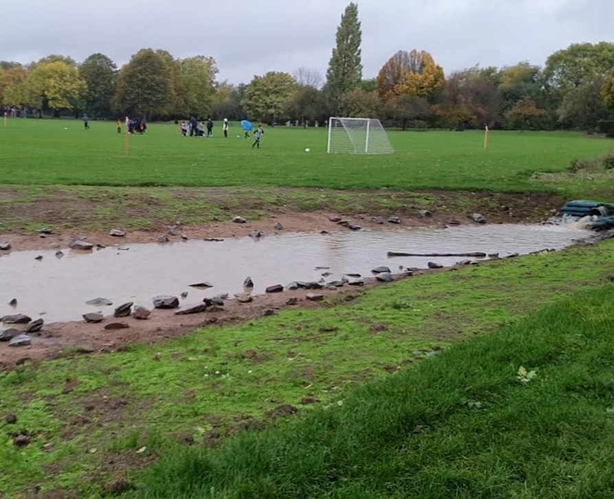 Attenuation basin within Bessingby Park, designed to temporarily store surface water during heavy rainfall. The scheme will increase storage capacity and improve flood protection for nearby properties.