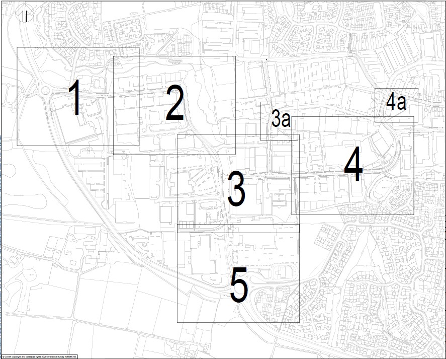 Map of Victoria Business Park Burgess Hill highlighted by 5 plans that provide further details of the highway improvements proposed within the scheme. Details are summarised in the list below.