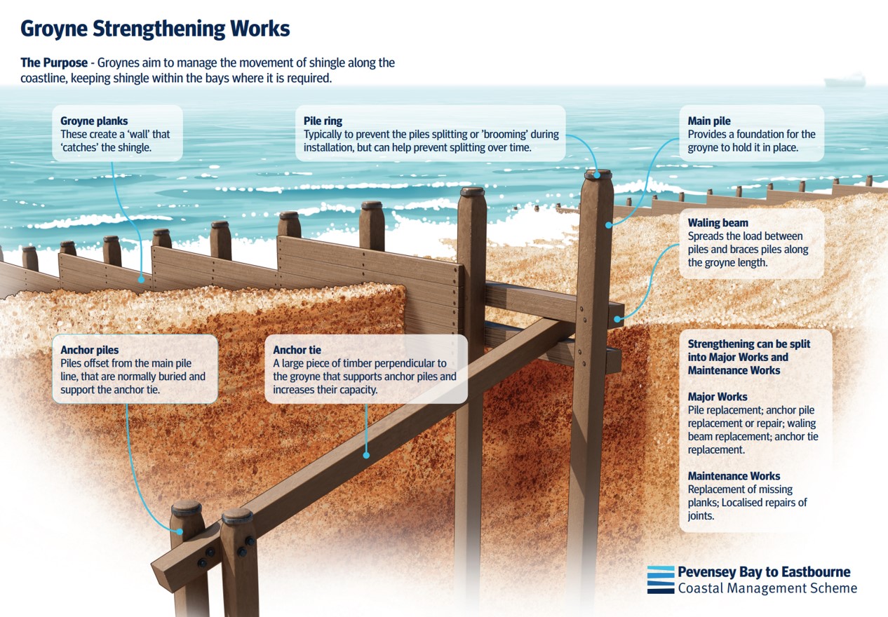 Illustration of groyne strengthening works, showing key structural components used to reinforce groynes and help manage the movement of shingle along the coastline.