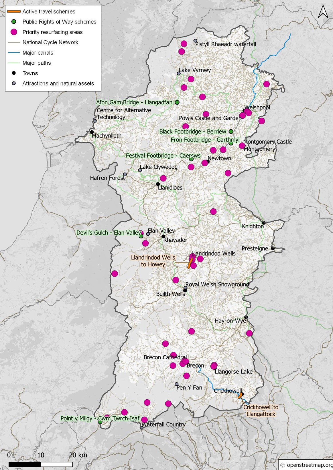 Map of Powys active travel routes, public rights of way and priority resurfacing areas