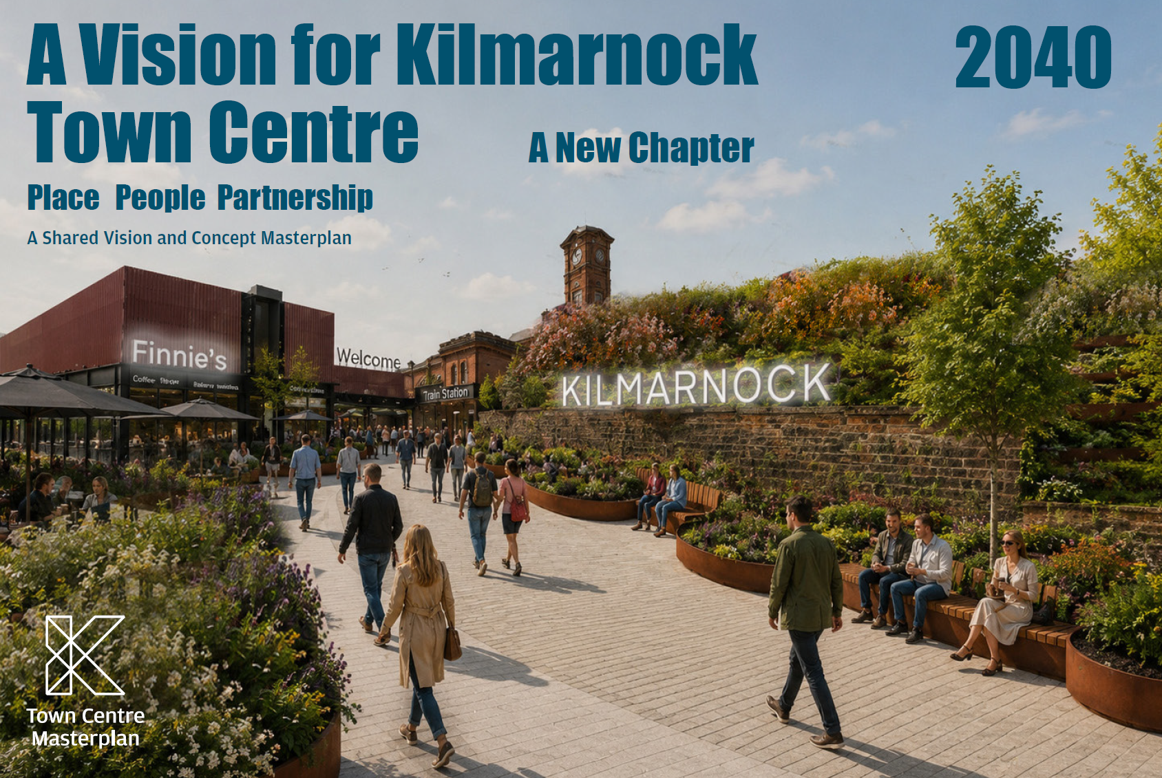 People walking to train station entrance, surrounded by new flower beds, and benches. A sign saying, "Kilmarnock" appears illuminated above them resembling the famous Hollywood sign. 