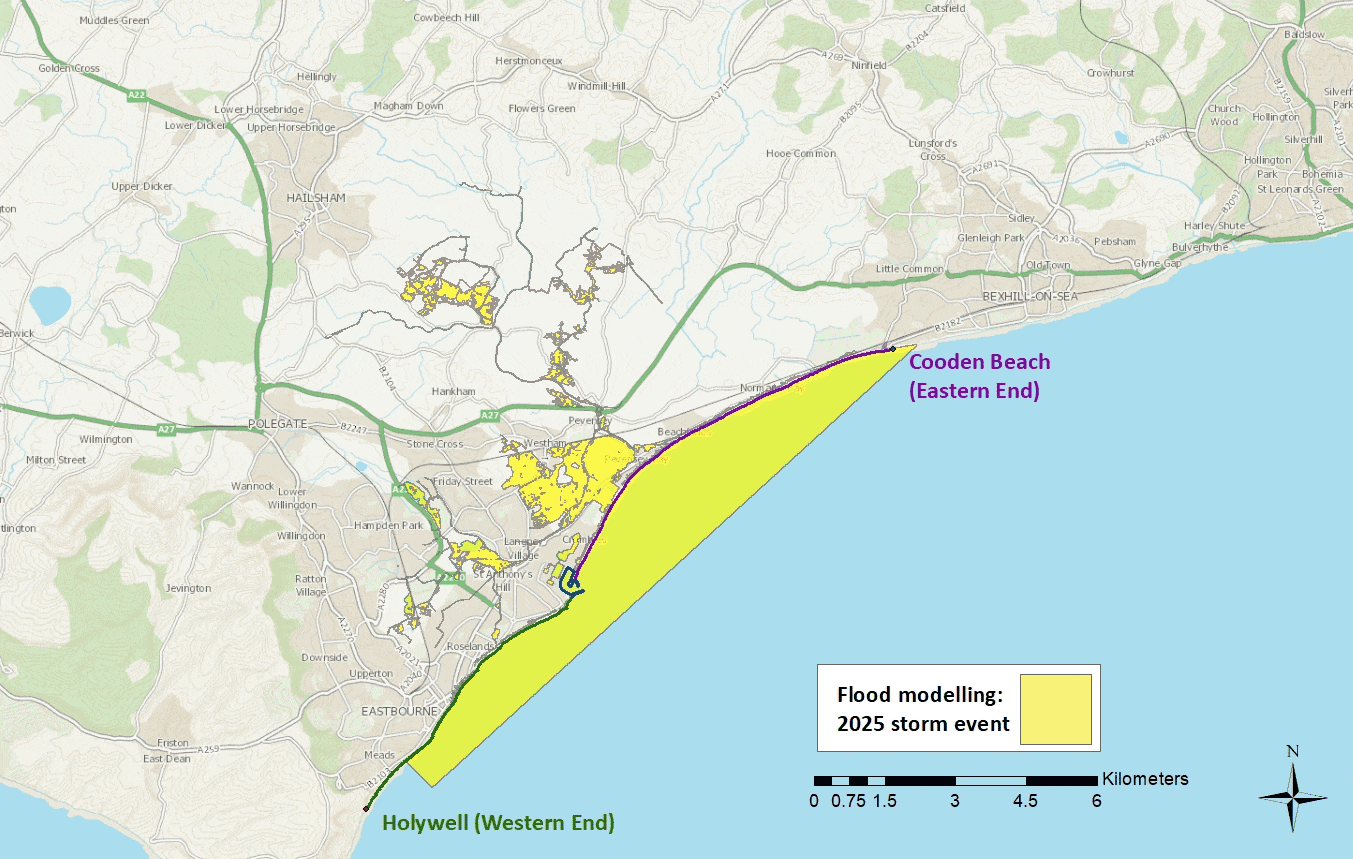 Animated map showing the modelled extent of storm‑driven flooding during a 2025 storm event if no coastal management scheme interventions are in place.