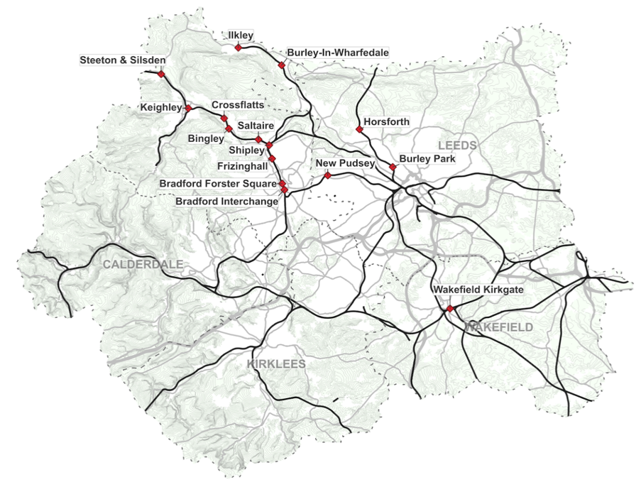 A map showing the 15 stations across Bradford, Leeds and Wakefield that will be receiving accessibility improvements