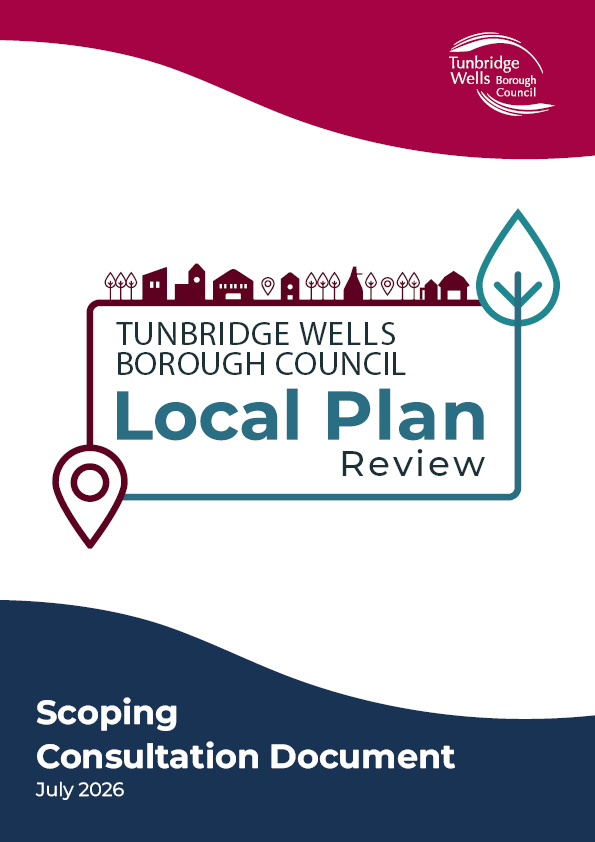 Cover page of a Tunbridge Wells Borough Council document titled “Local Plan Review – Scoping Consultation Document”. The council logo appears at the top, with an illustration of local buildings, trees, a location pin and a leaf surrounding the title. The document is dated July 2026. The design uses burgundy, teal, white and navy colours with curved shapes at the top and bottom of the page.