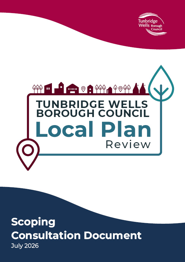 Cover of the Tunbridge Wells Borough Council Local Plan Review Scoping Consultation Document, July 2026. The page features the council logo, a stylised map outline with local buildings, trees and location markers, and the title “Tunbridge Wells Borough Council Local Plan Review”. Decorative burgundy and navy wave designs appear at the top and bottom of the page.