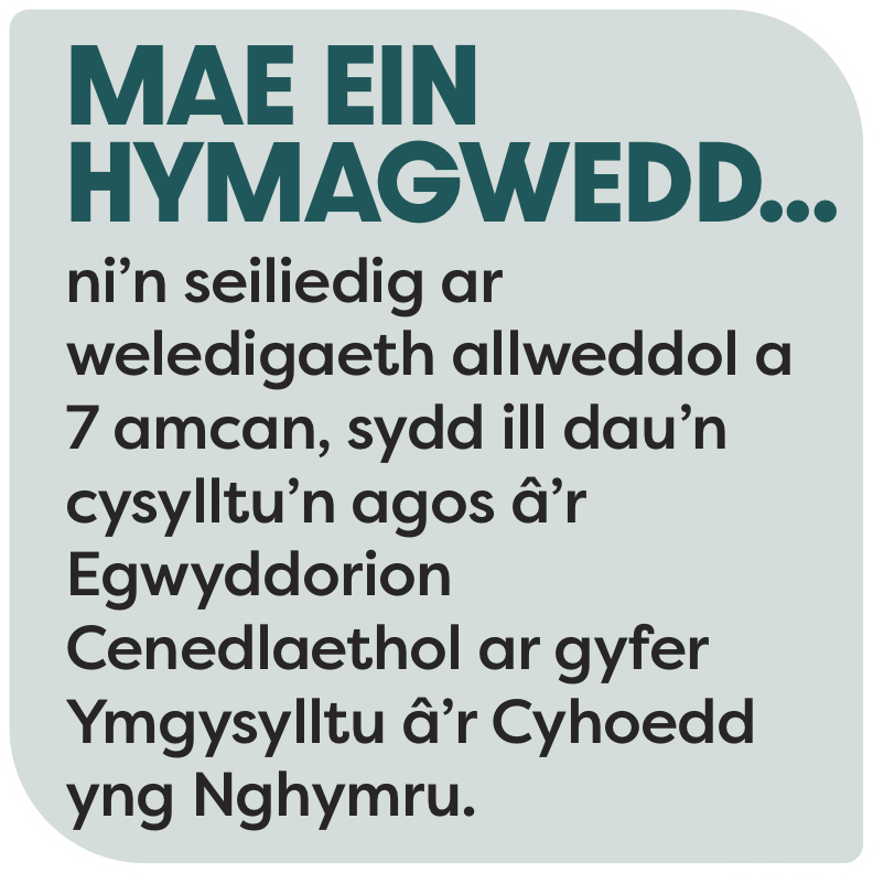 Mae ein hymagwedd ni'n seiliedig ar weledigaethallweddol a 7 amvan, sydd ill dau'n cysylltu'n agos a'r Egwyddorion Cenedlaethol ar gyfer Ymgysylltu'r a'r Cyhoedd yng Nghymru.
