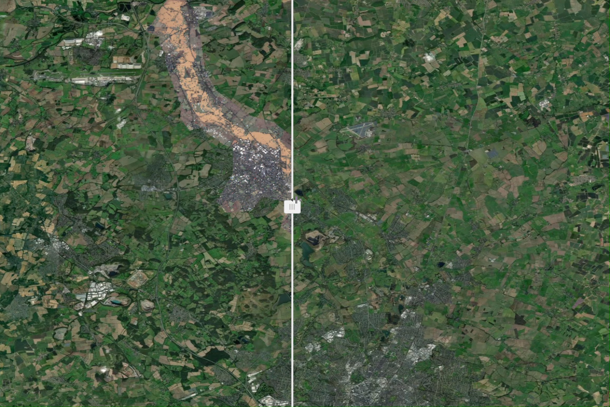 Satellite imagery taken of the River Soar floodplain downstream of Leicester City on the 8th January 2025, 10am - 12am.