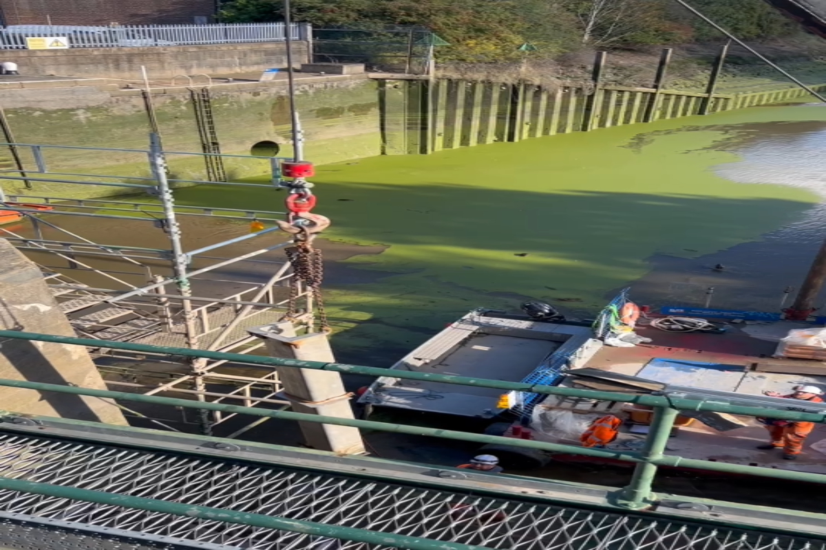 Phase One: Grand Sluice. Stop log liners being lifted into place. 