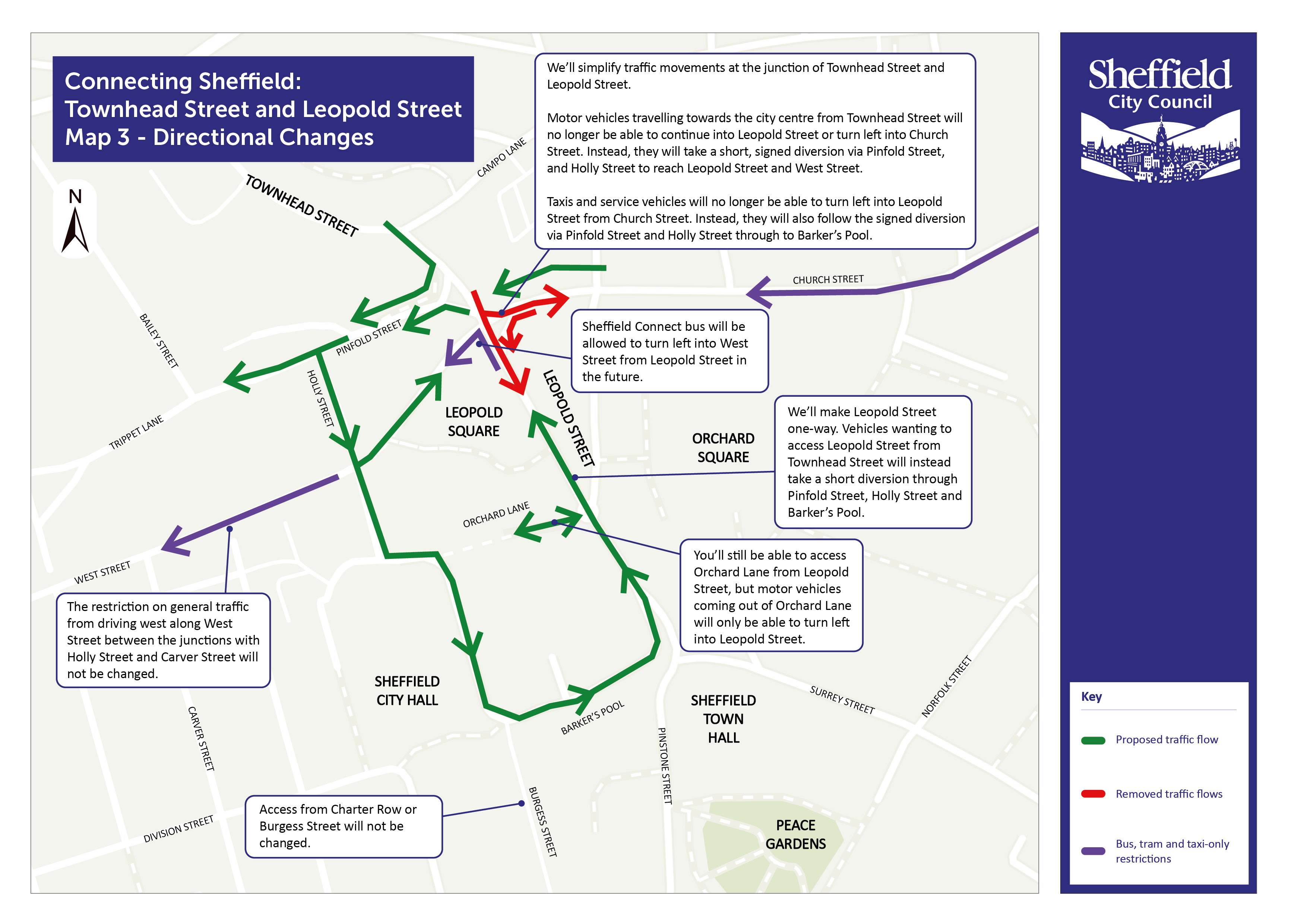 Image shows a map of proposed new vehicle movements around Leopold Street and the junction with Townhead Strfeet, Leopold Street, West Street and Church Street