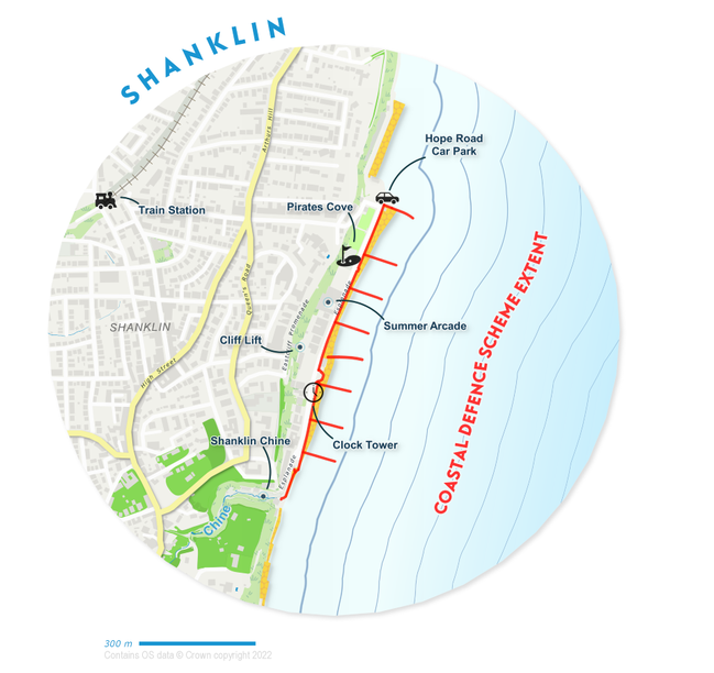 Map to show scheme extent from Hope Groyne at the northern end of the Shanklin Esplanade to Shanklin Chine in the south.