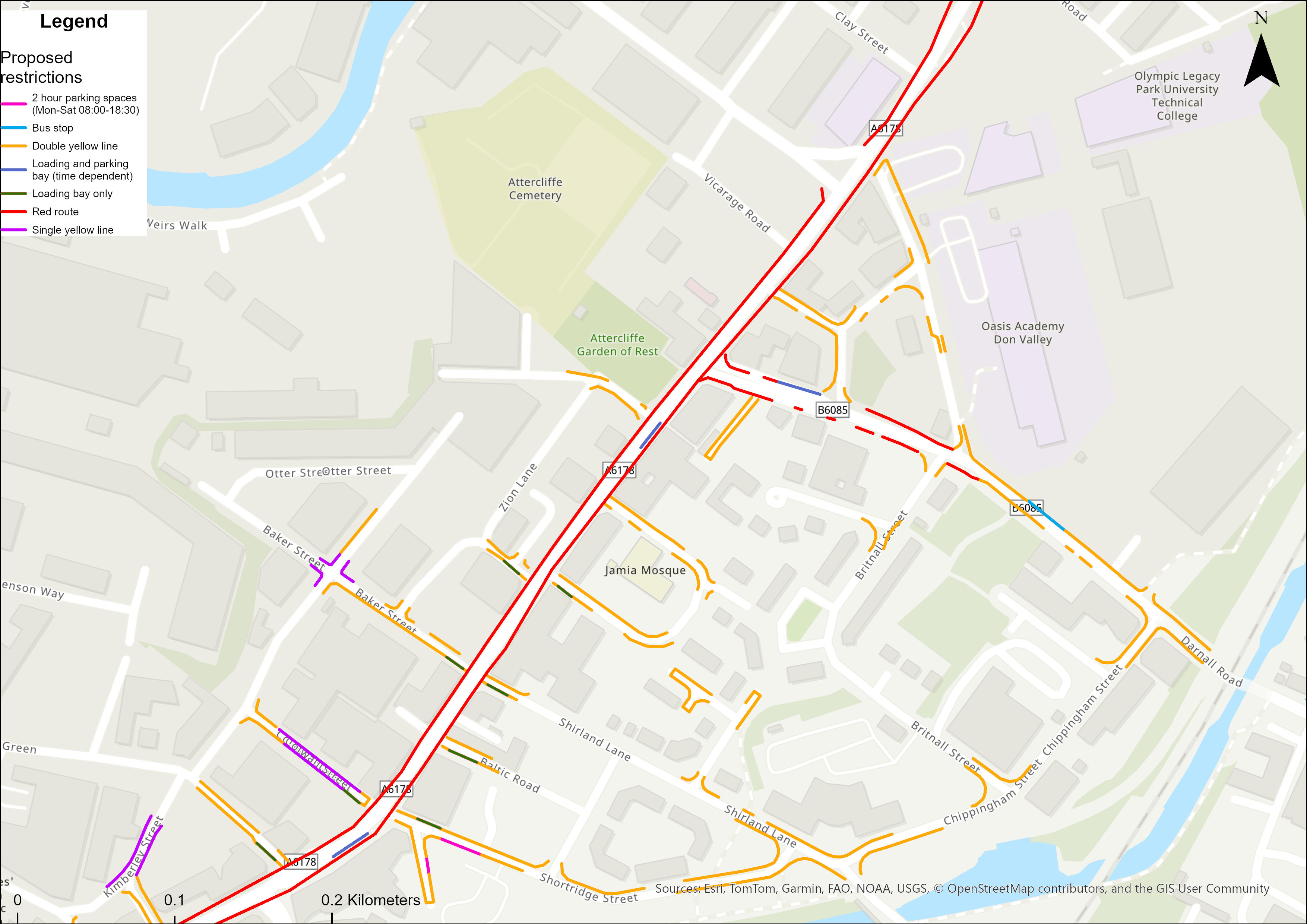 Map showing proposed parking restrictions and loading arrangements in the Attercliffe Road area between Staniforth Road and Worksop Road. Proposed changes include additional double yellow lines, loading bays, time-limited parking spaces and future red route restrictions on Attercliffe Road. The map covers Bodmin Street, Brinsworth Street, Zion Lane, Shirland Lane, Baker Street, Baltic Road, Shortridge Street, Colwall Street, Chippingham Place and Oakes Green.