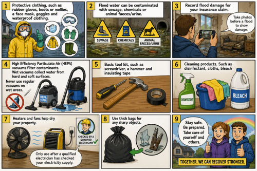 Protective clothing, such as rubber gloves, boots or wellies, a face mask, goggles and waterproof clothing. Flood water can be contaminated with sewage, chemicals or animal faeces/urine. Record flood damage for your insurance claim. Take photos before a flood to show damage High Efficiency Particulate Air (HEPA) vacuums filter contaminants. Wet vacuums collect water from hard and soft surfaces. Never use regular vacuums on wet areas. Basic tool kit, such as screwdriver, a hammer and insulating tape Cleaning products. Such as disinfectant, cloths, bleach Heaters and fans help dry your property. Only use after a qualified electrician has checked your electricity supply. Use thick bags for any sharp objects. Stay safe. Be prepared. Take care of yourself and others. Together, we can recover stronger