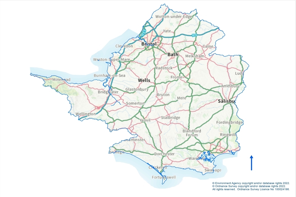 Map of the Environment Agency Wessex Area, which includes Bristol and Bath, South Gloucestershire, Wiltshire, North Somerset, Somerset, Dorset and Bournemouth Christchurch and Poole.