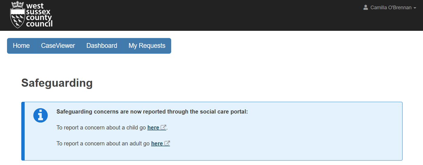 View of Sharepoint Safeguarding Portal for child or adult