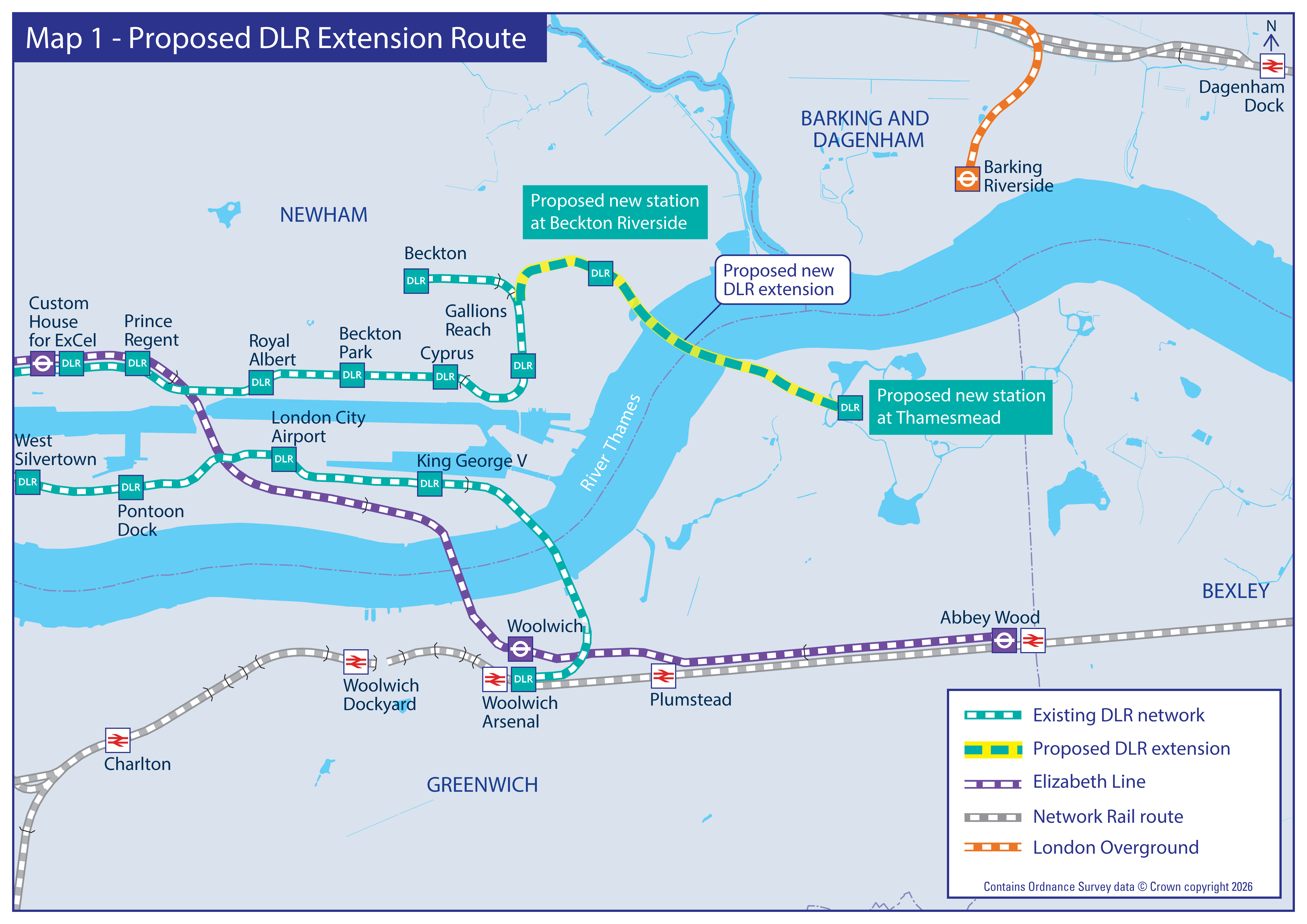 Map showing proposed worksites A–D and DLR route at Beckton Riverside