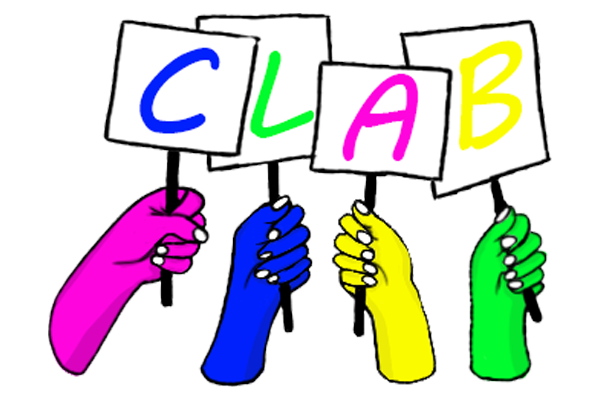 Care Leavers Advisory Board Logo, 4 hands holding signs which spell CLAB