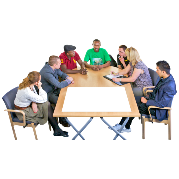 Group of adults sat around a table talking