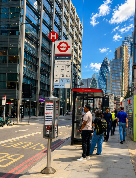 Bus stop H on Primrose Street with surrounding office towers and a visible London skyline