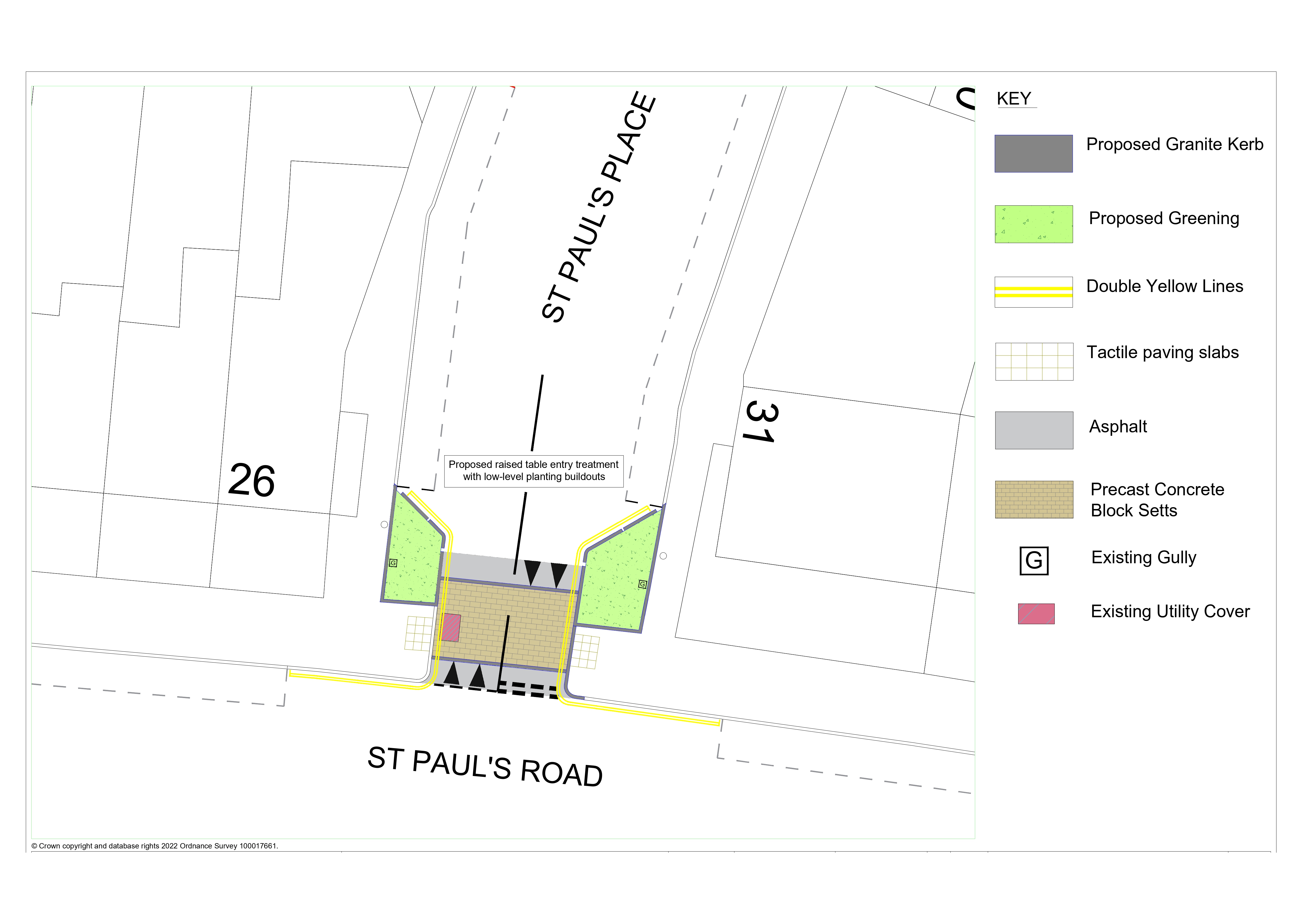 A top down design drawing of a raised entry treatment at the junction of St Paul's Road and St Paul's Place