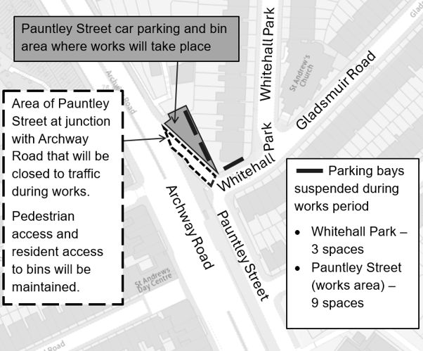 Map showing location of work site and parking to be suspended on Pauntley Street and Whitehall Park during works