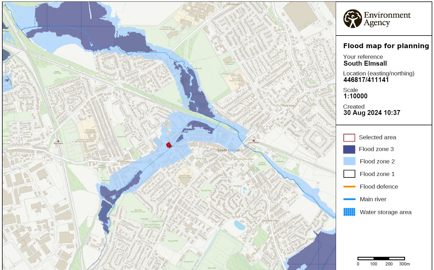 Map showing the flood zones in South Elmsall