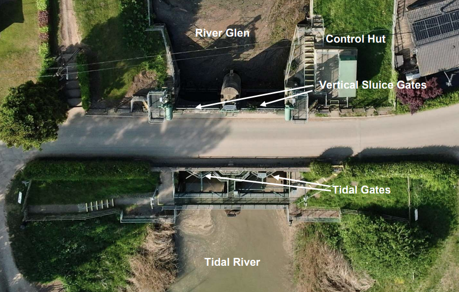 Aerial view showing River Glen, sluice and tidal gates