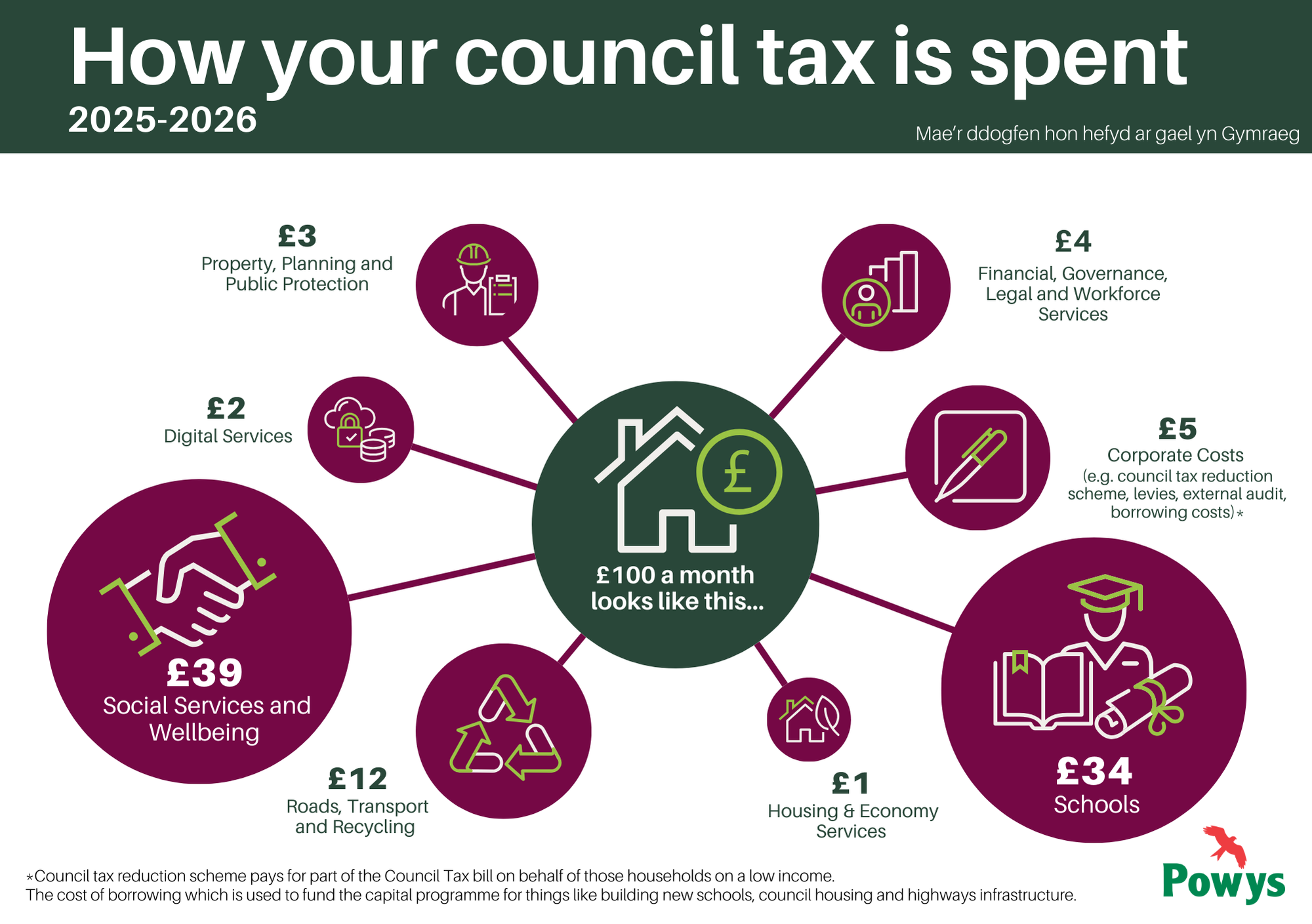 Infographic showing how £100 of council tax is spent