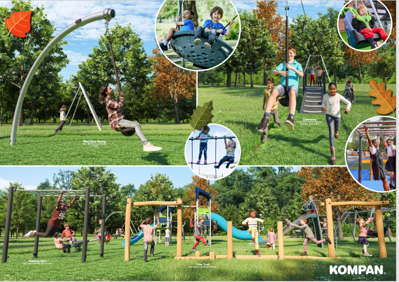 Image showing an alternative view of the play park focusing on the single arm hanging swing and the zipline