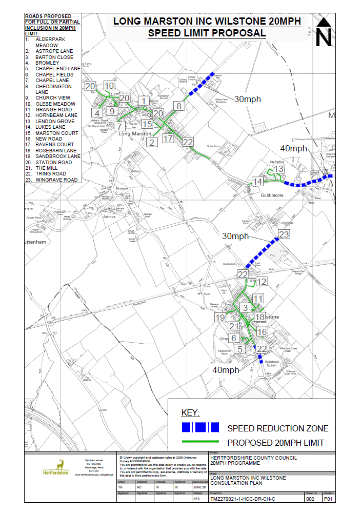 Map to show Long Marston 20mph speed limit consultation plan