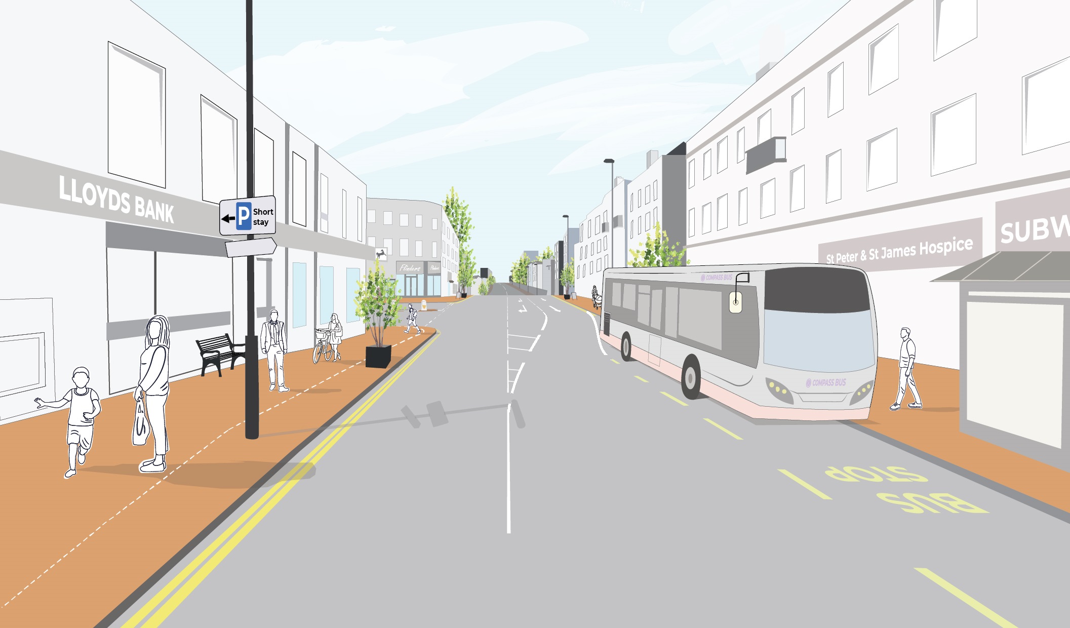 A visualisation of proposed improvements on South Road, near the junction with Haywards Road. Includes areas of widened footway, a bus at the bus stop, and people walking along the pavement.