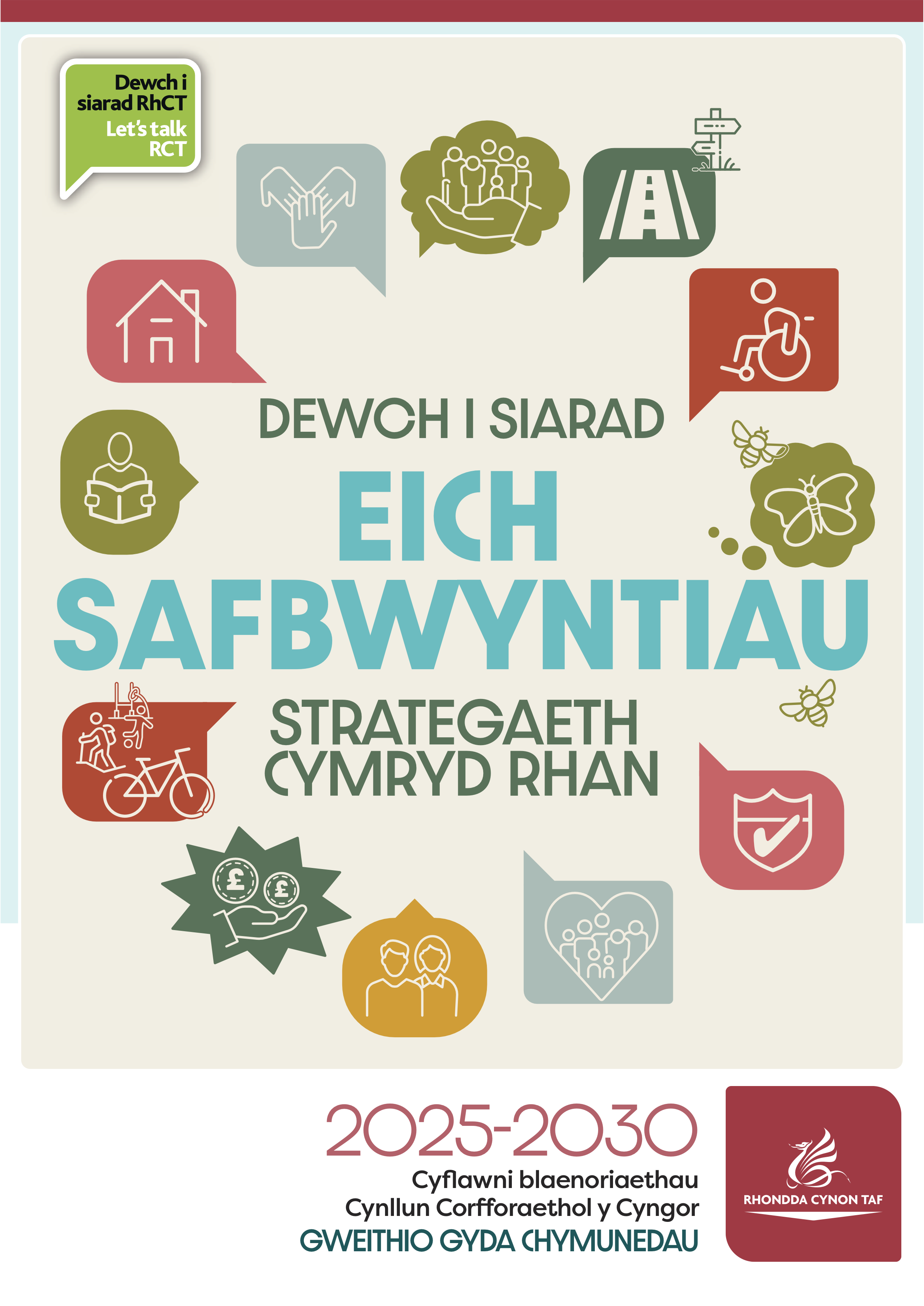 Clawr blaen y Dewch i Siarad Eith Safbwyntiau Strategaeth Cymryd Rhan 2025-2030