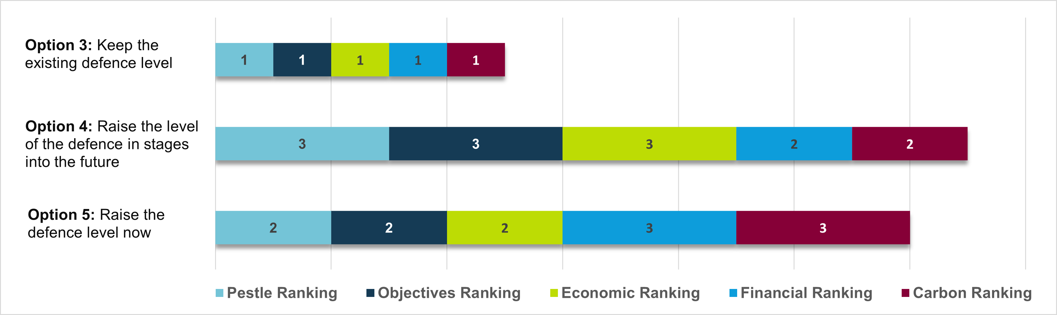 A chart comparing rankings for Option 3, Option 4 and Option 5 across 6 criteria - PESTLE, Objectives, Economic, Financial and Carbon.