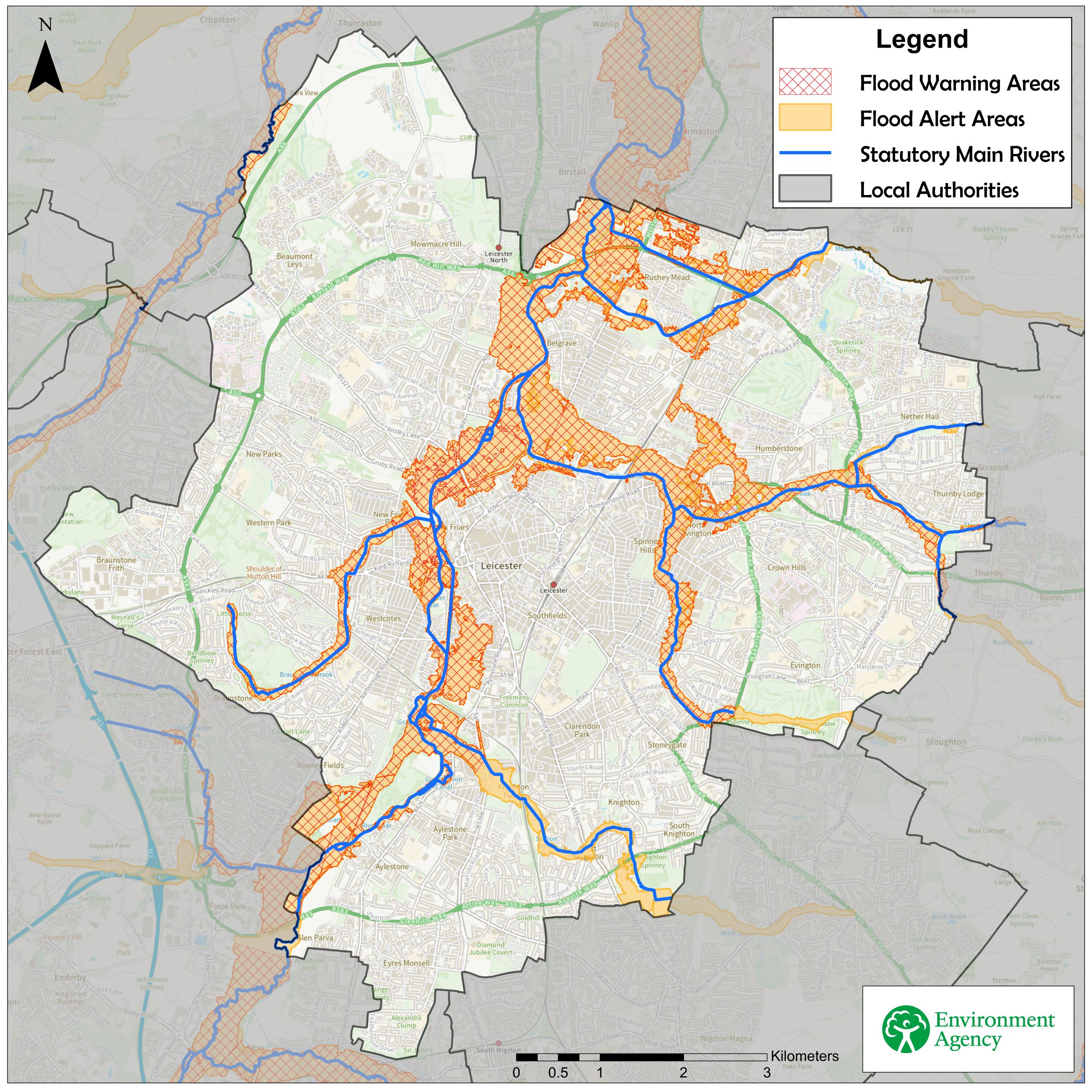 A map centred on Leicester City. Statutory Main River is highlighted with thick blue lines. Areas covered by Flood Alert areas are shown in orange, while areas that also have a Flood Warning are overlayed with diagonal red hashed lines.