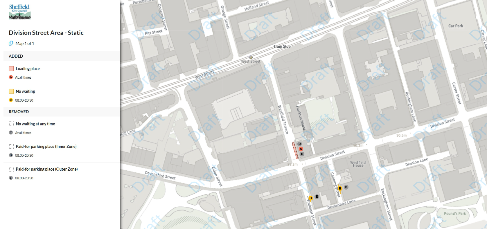 Map showing the proposed restrictions on Canning Street, Westfield Terrace and Trafalgar Street. A loading bay is shaded red on Westfield Terrace, with new paid-for parking spaces here and on Trafalgar Street. There is also a proposed no waiting at any time restriction on part of Westfield Terrace. 