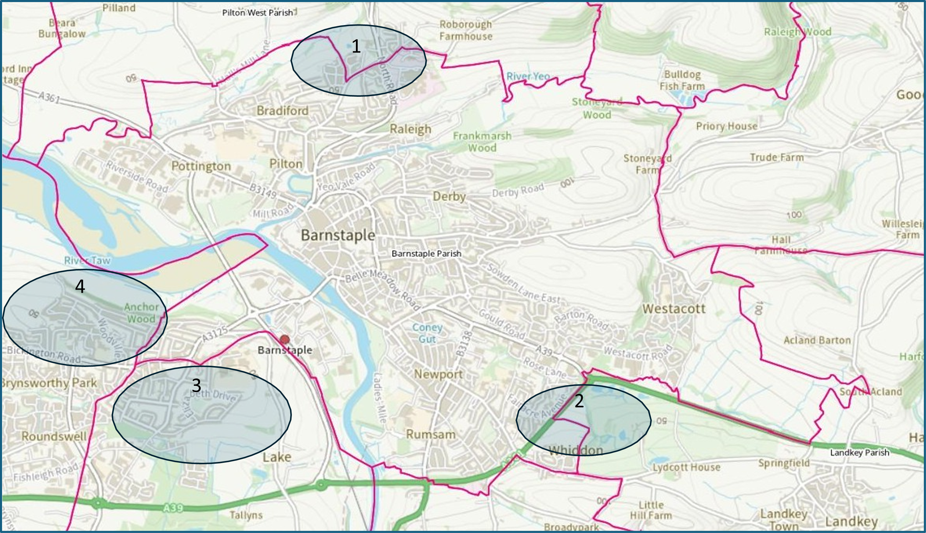 Map showing Barnstaple and its surrounding areas of Tawstock, Pilton West, Landkey, and Fremington