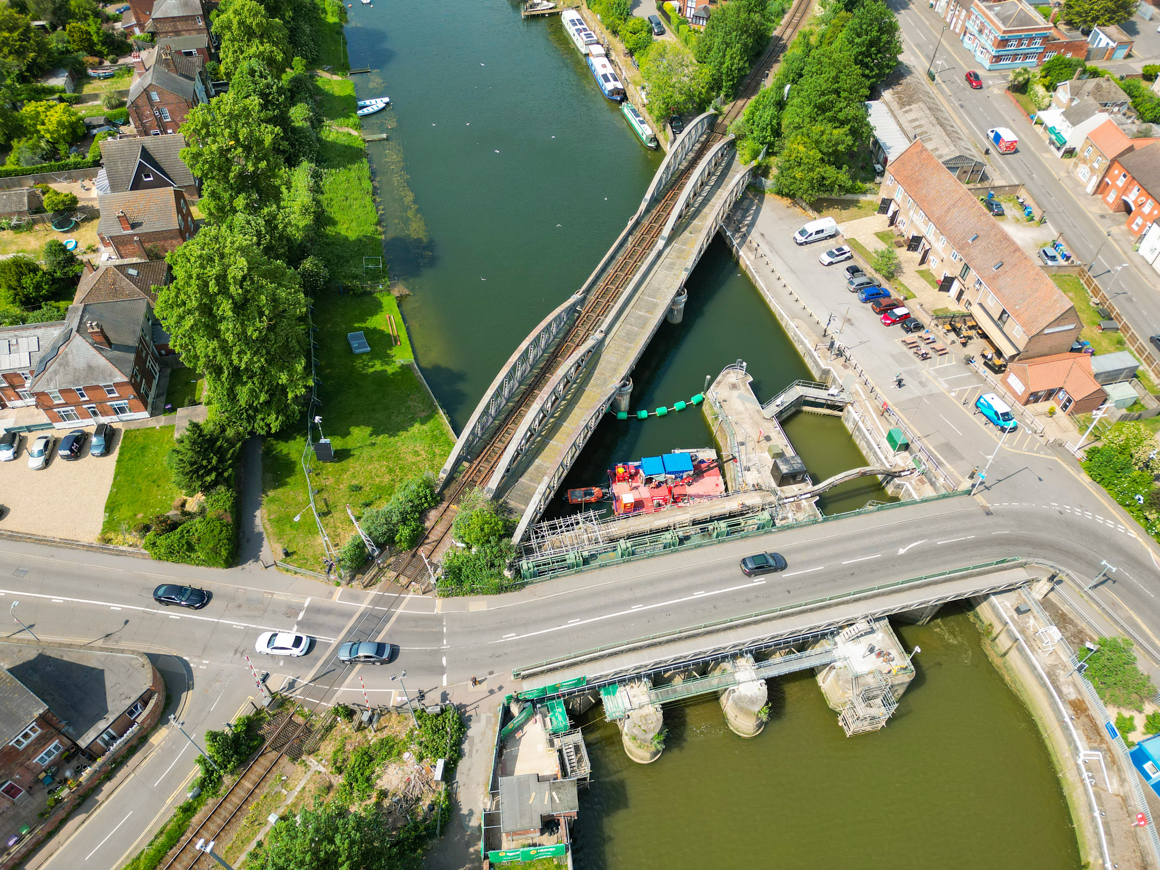 Drone view of Grand Sluice with refurbishment works in progress, including temporary work areas and access scaffolding.