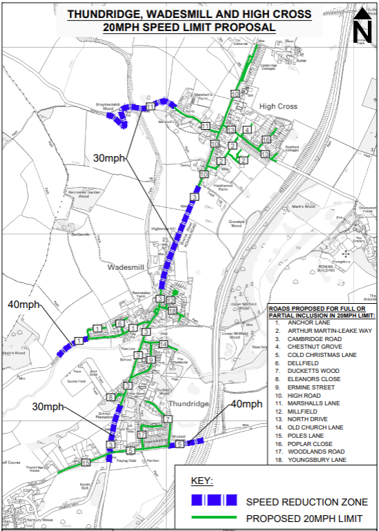 Map of proposed 20mph limits in Thundridge, Wadesmill, & High Cross