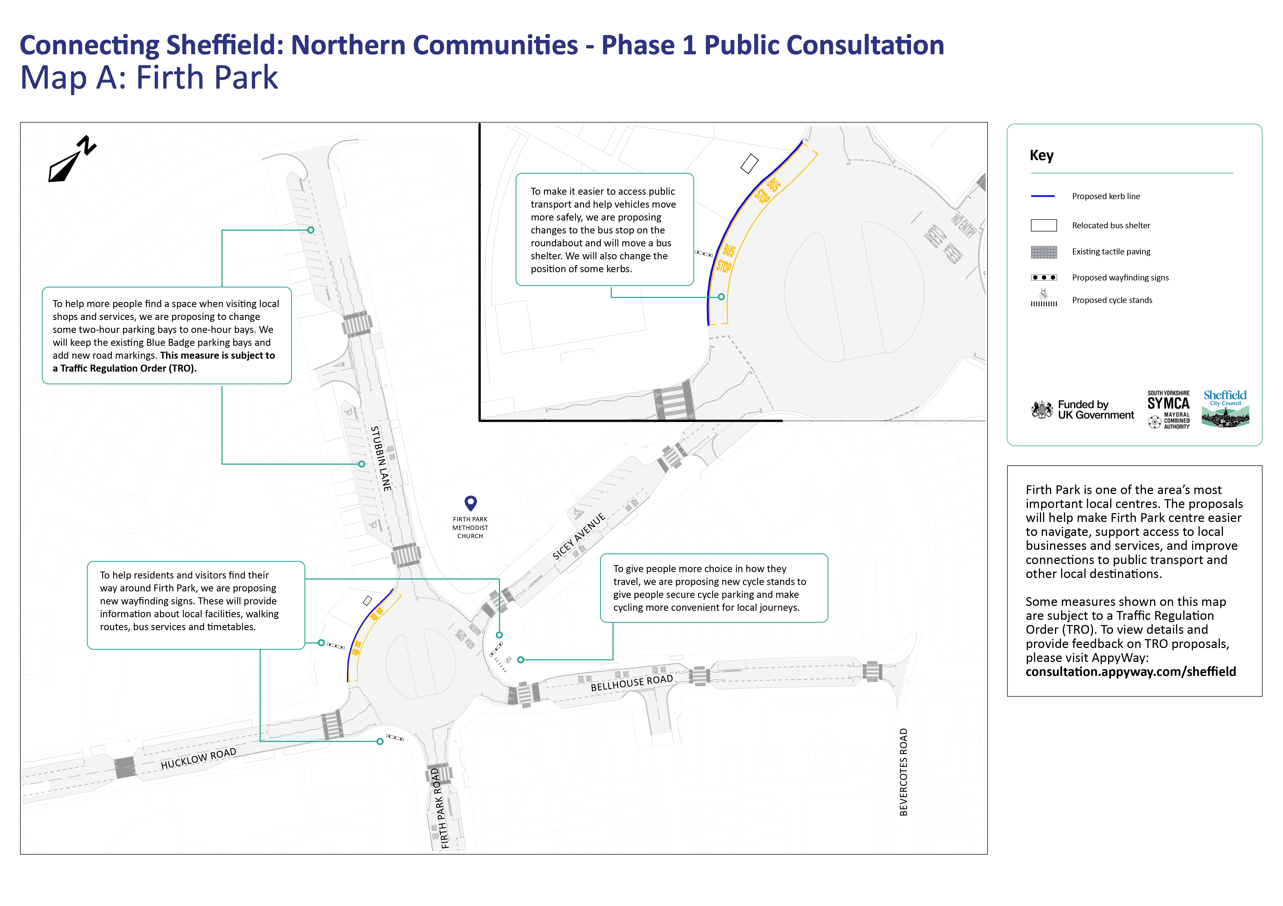 A map showing improvement plans for Firth Park including new cycle stands, new wayfinding signs, changes to parking bays and changes to the bus stop at the roundabout. 