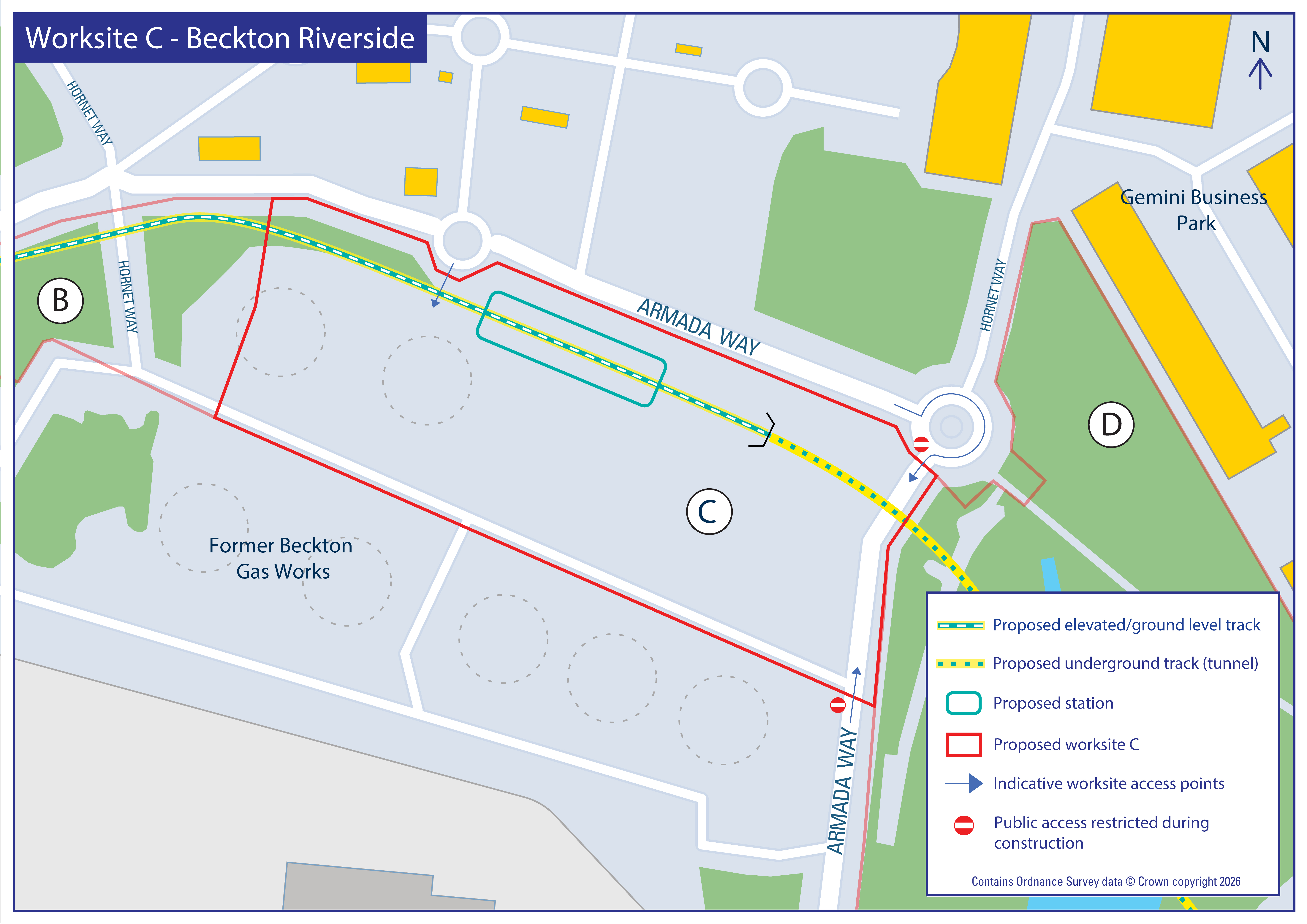 Map showing proposed Worksite C, DLR route, and new station on Armada Way