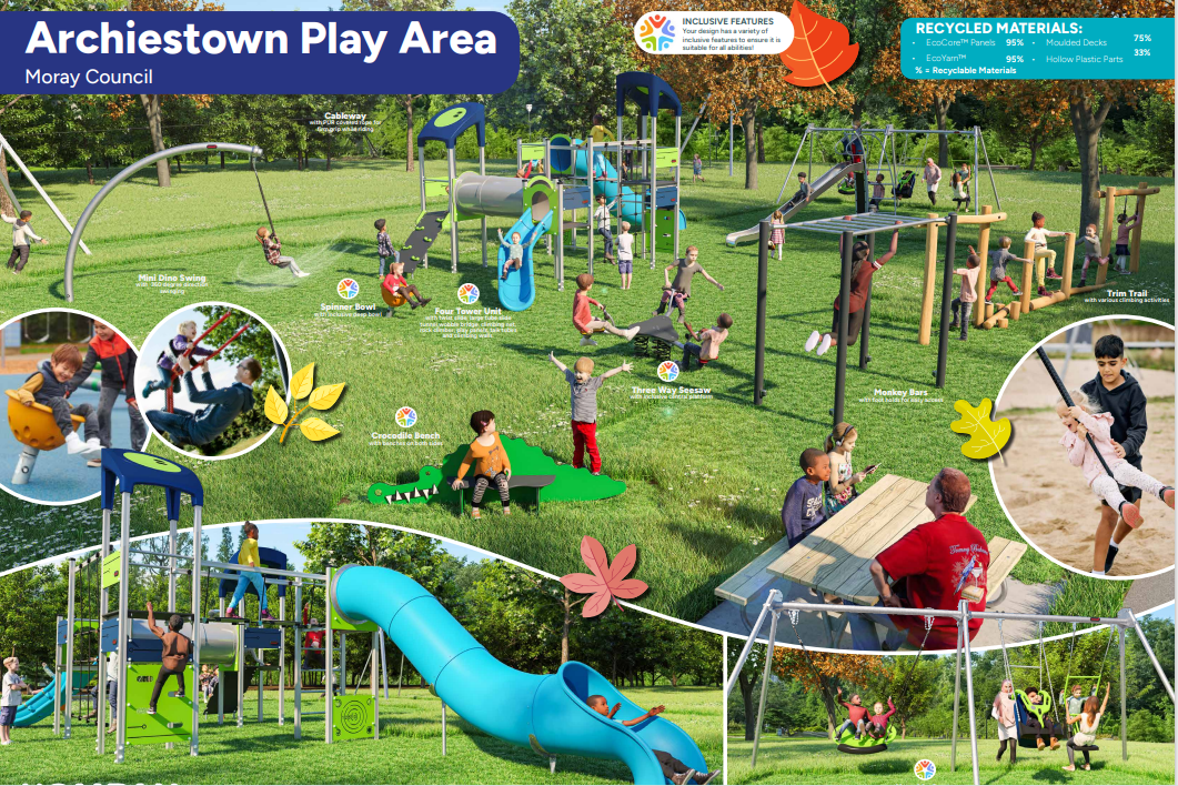Image showing a childrens play park in a rural setting surrounded by trees. main focus of the play park is a climbing frame with two blue slides and an obstacle course with a set of monkey bars