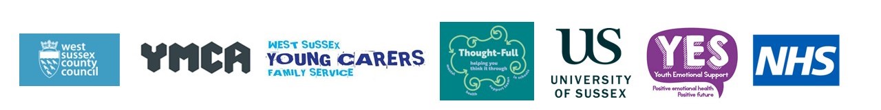 Partner logos including West Sussex County Council, YMCA, Young Carers, Thought-Full, University of Sussex, YES Team and NHSx