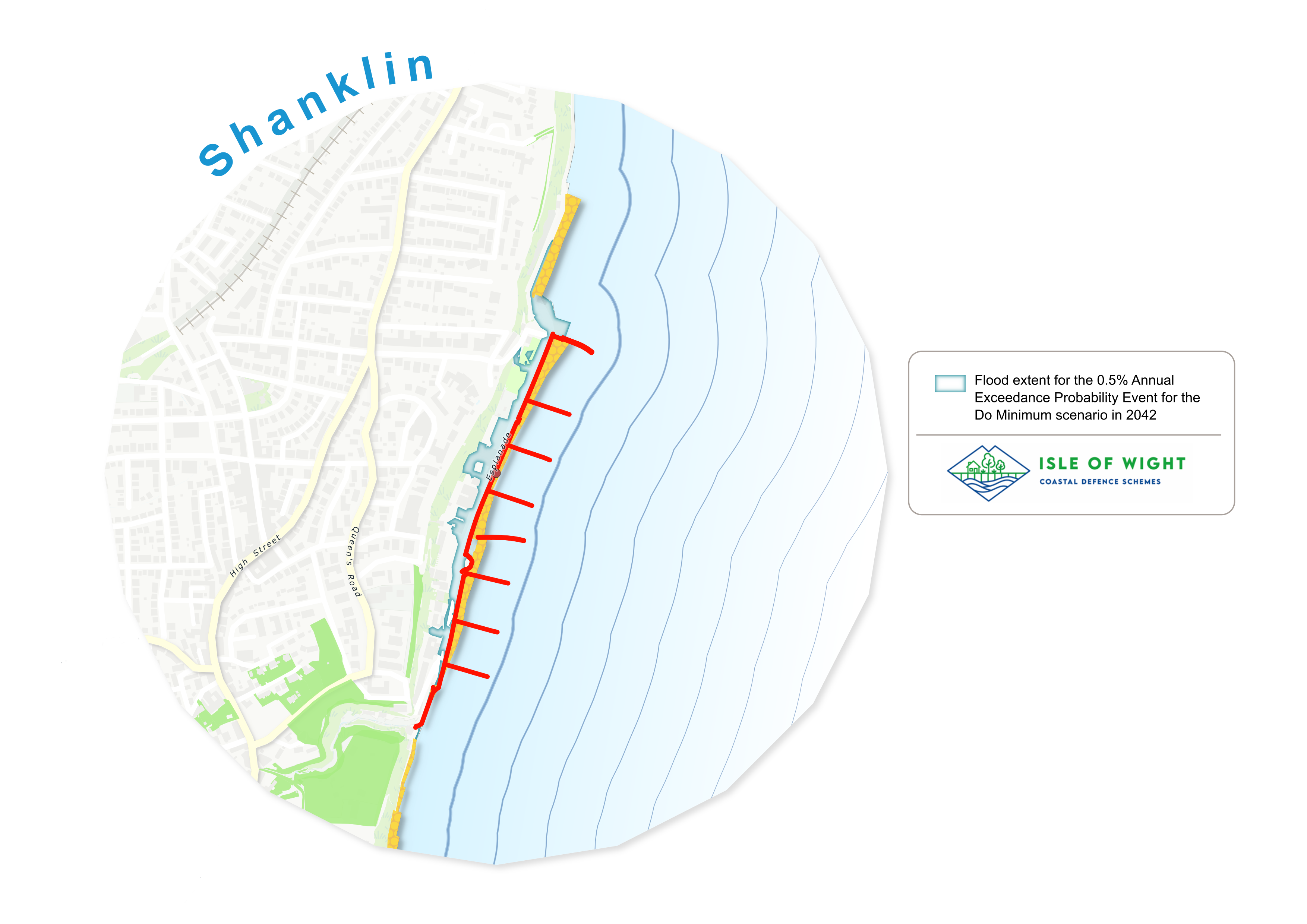 Map to show the flood extent in Shanklin for the 0.5% Annual Exceedance Probability Event for the Do Minimum Scenario in 2042.