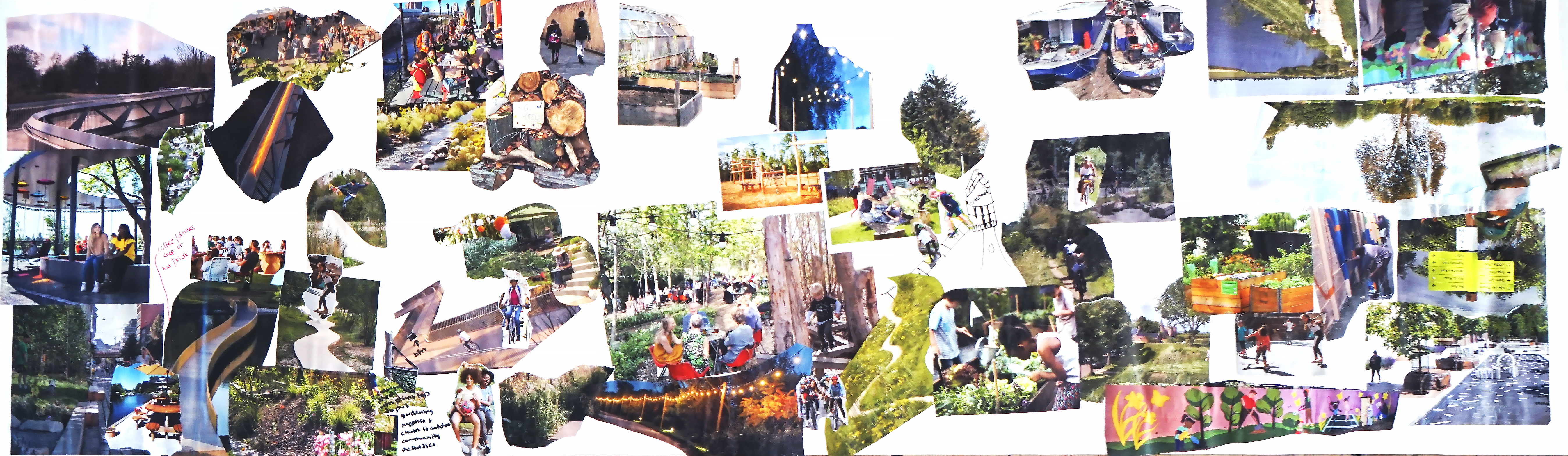 A collage of images showing different ideas about paths, lighting and bridges. 