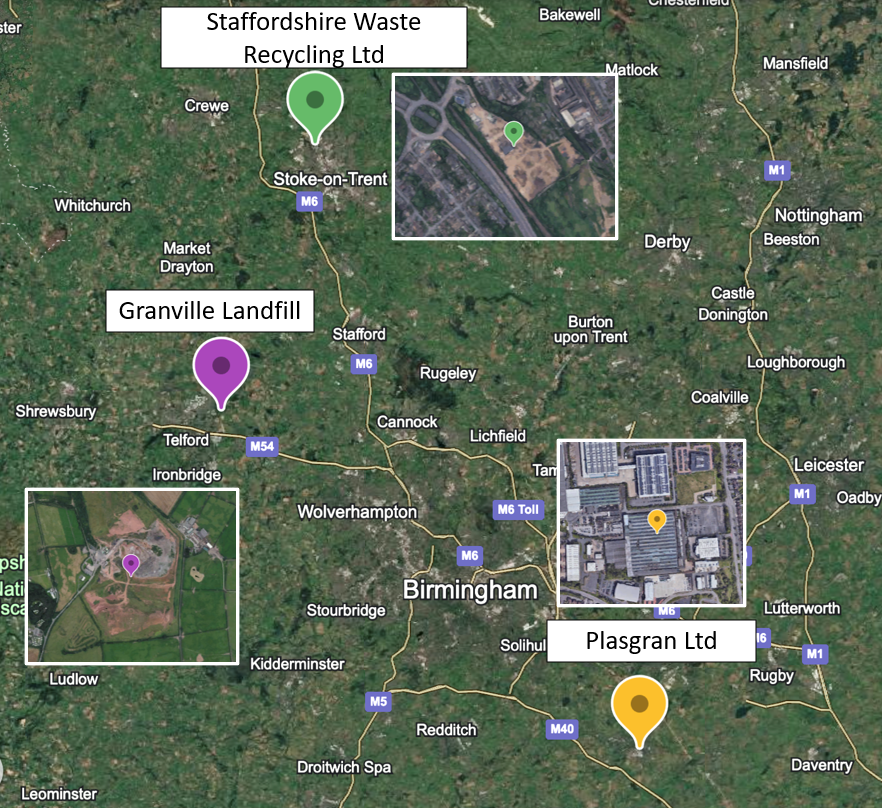 A map to show three regulated industry sites; Staffordshire Waste Recycling Ltd, Granville Landfill and Plasgran Ltd