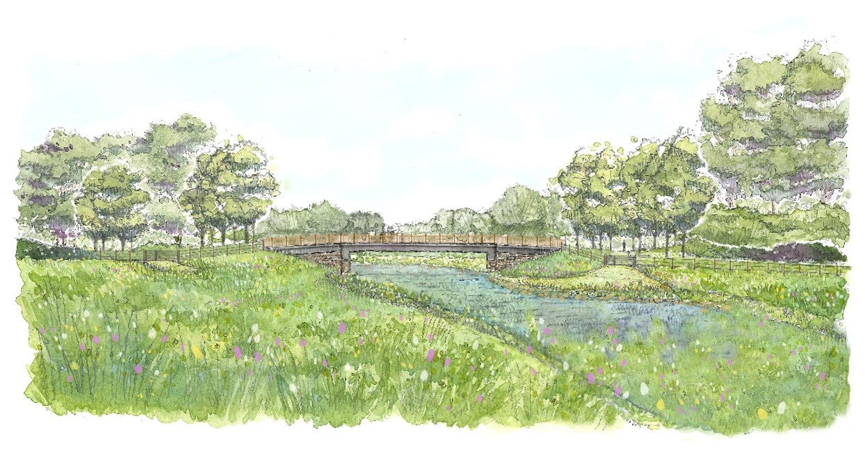 Artist impression of the scheme looking towards Willow Walk Bridge from Hinksey Meadow, 15 years after construction 