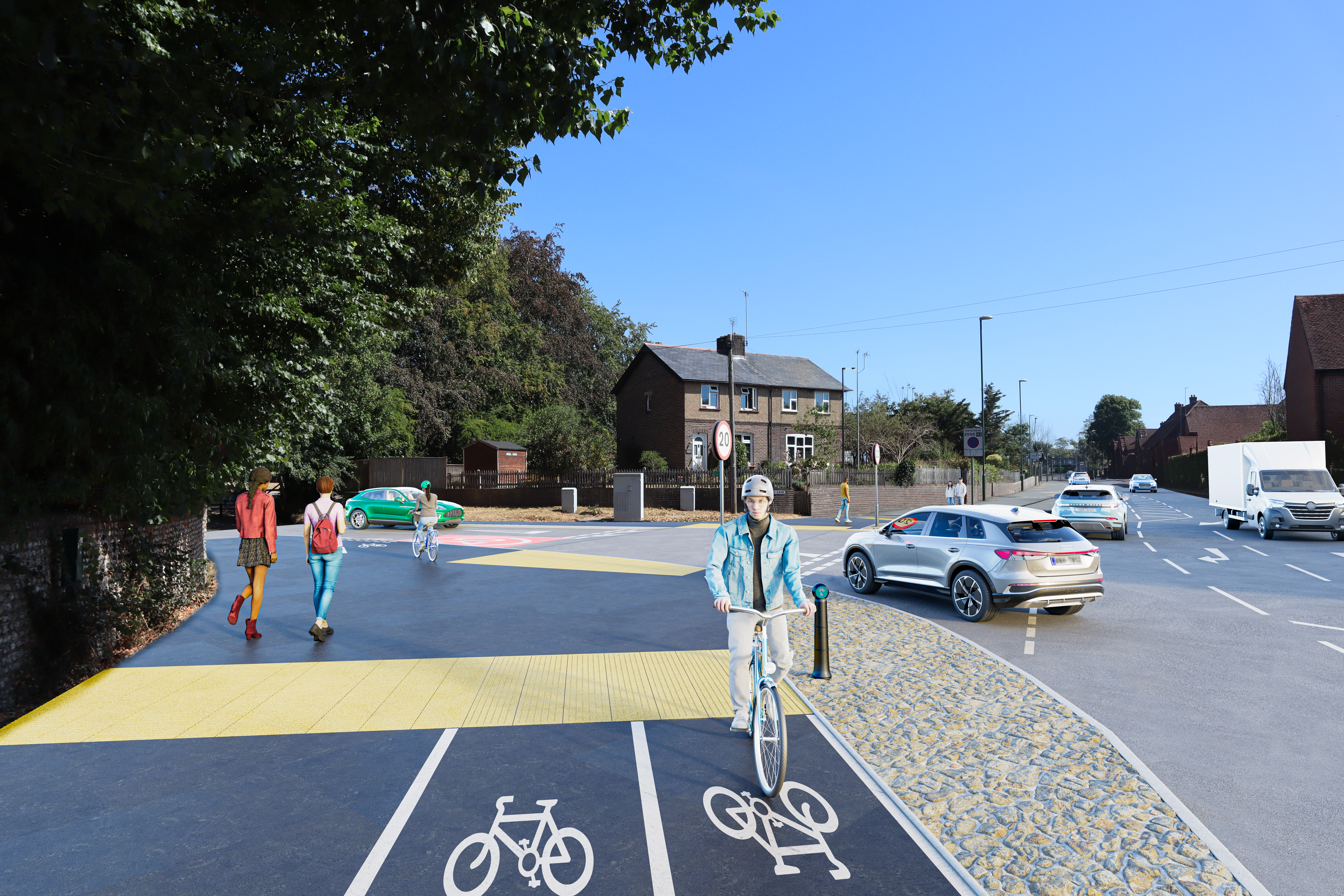 Artist impression showing what the College Lane junction could look like. Shows a two-way cycle lane alongside a footway in the foreground, with a shared use path in the background, separated by tactile paving. A raised table is also shown in the background across the College Lane junction, with tactile paving