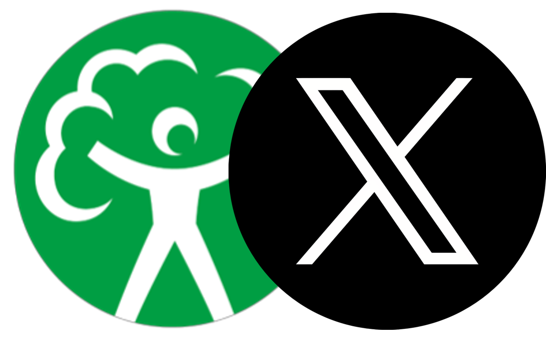 A large green circular environment agency logo of a person holding a cloud, which combined looks like the outline of a tree. The right quarter of this is overlain by a large black X logo, which is a black circle containing a large white X.