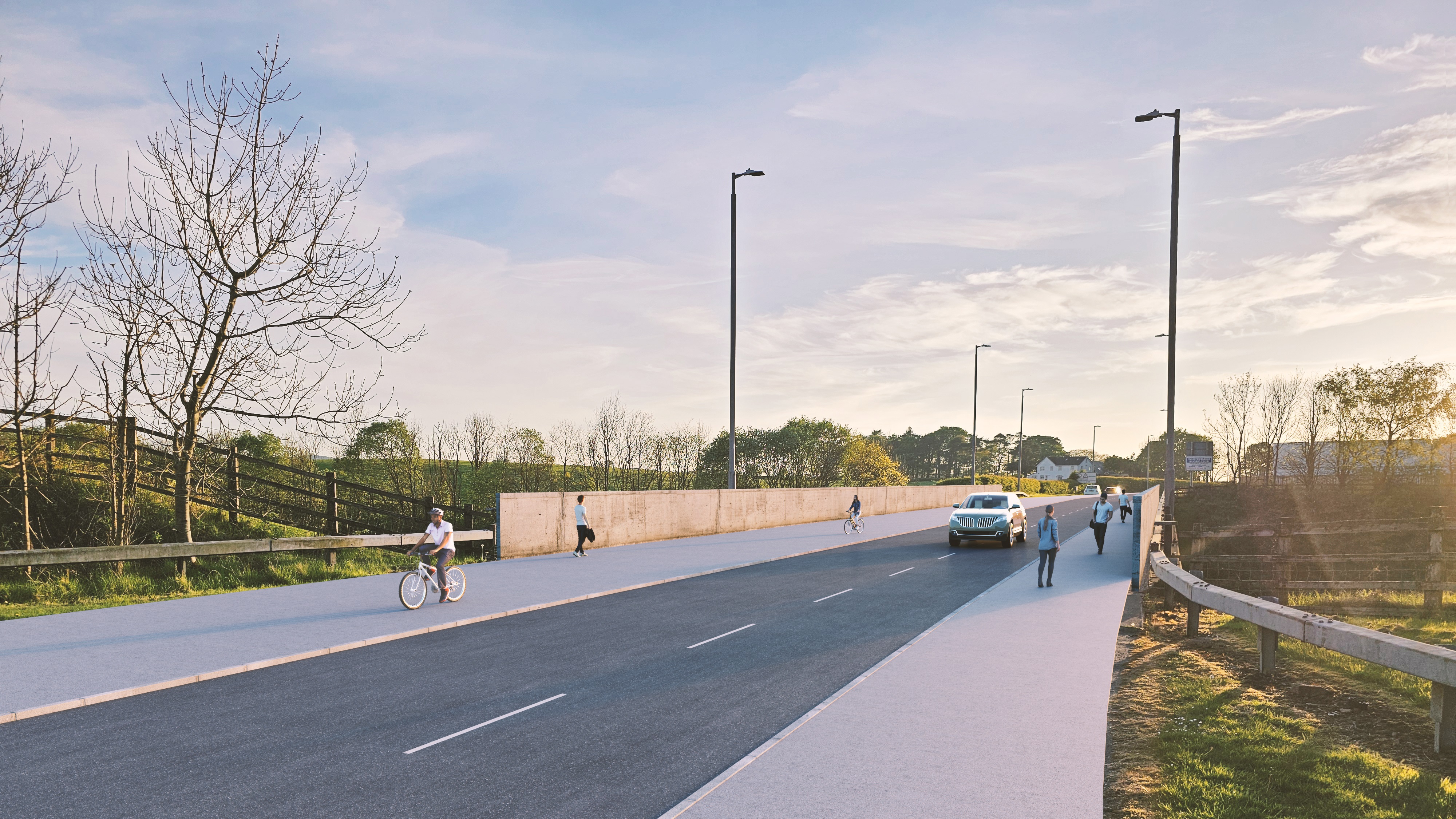 A computer-generated image showing a road bridge with a path on each side. The path on one side is for walking and cycling, and the path on the other side is for walking only.