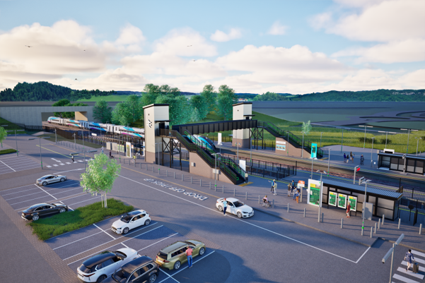 A CGI visualisation, (for illustration purposes only) showing the platforms, covered waiting area with seating, vehicle pick-up/drop-off area, and the accessible lifts, stairs, and footbridge